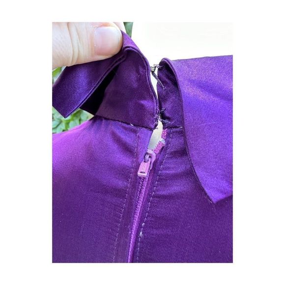 60s Scooter Dress Royal Purple Satin & Multicolor Floral Velvet Drop Waist Sm - Picture 9 of 16